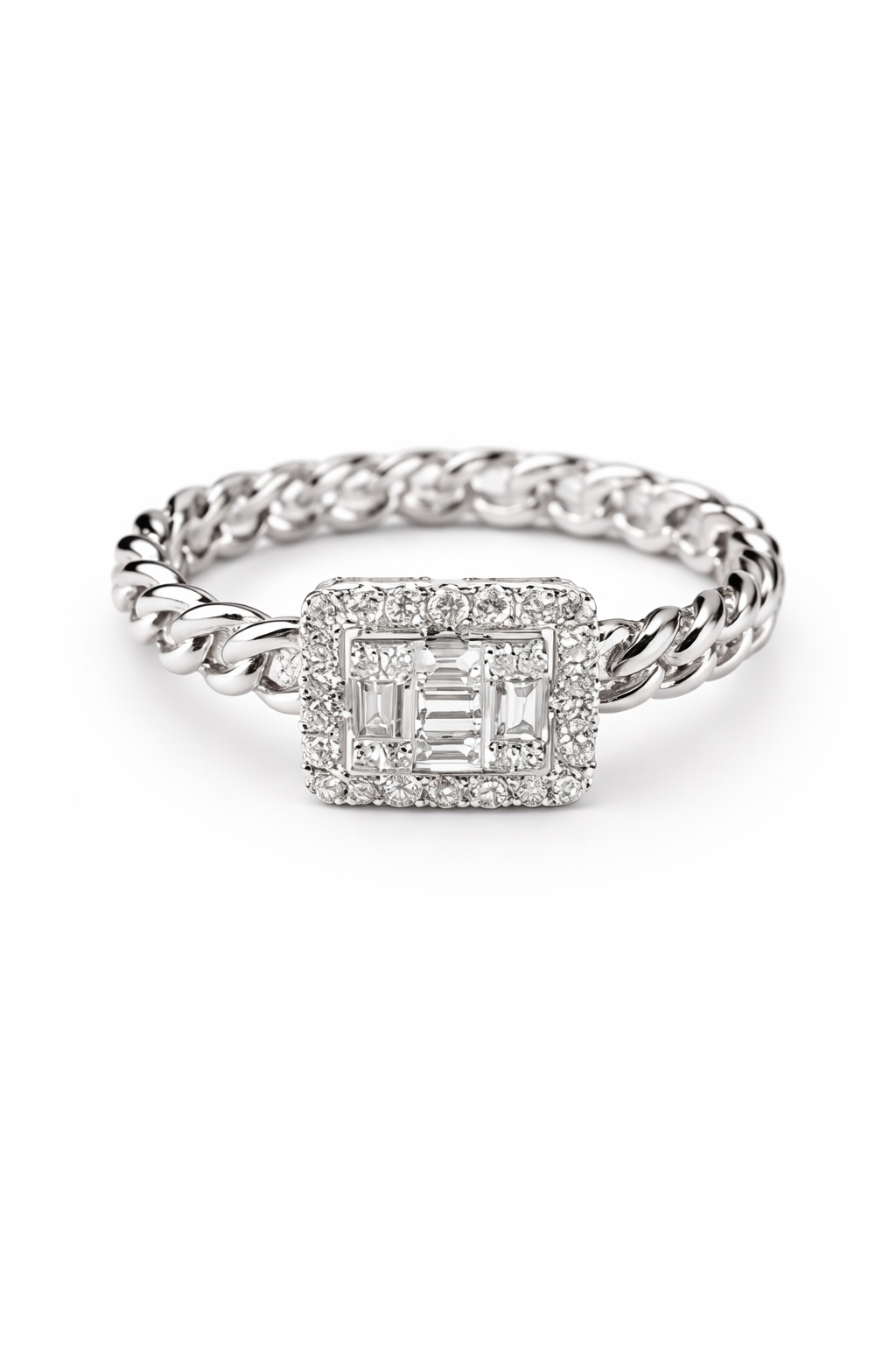 Anillo trenza con brillantes y baguette