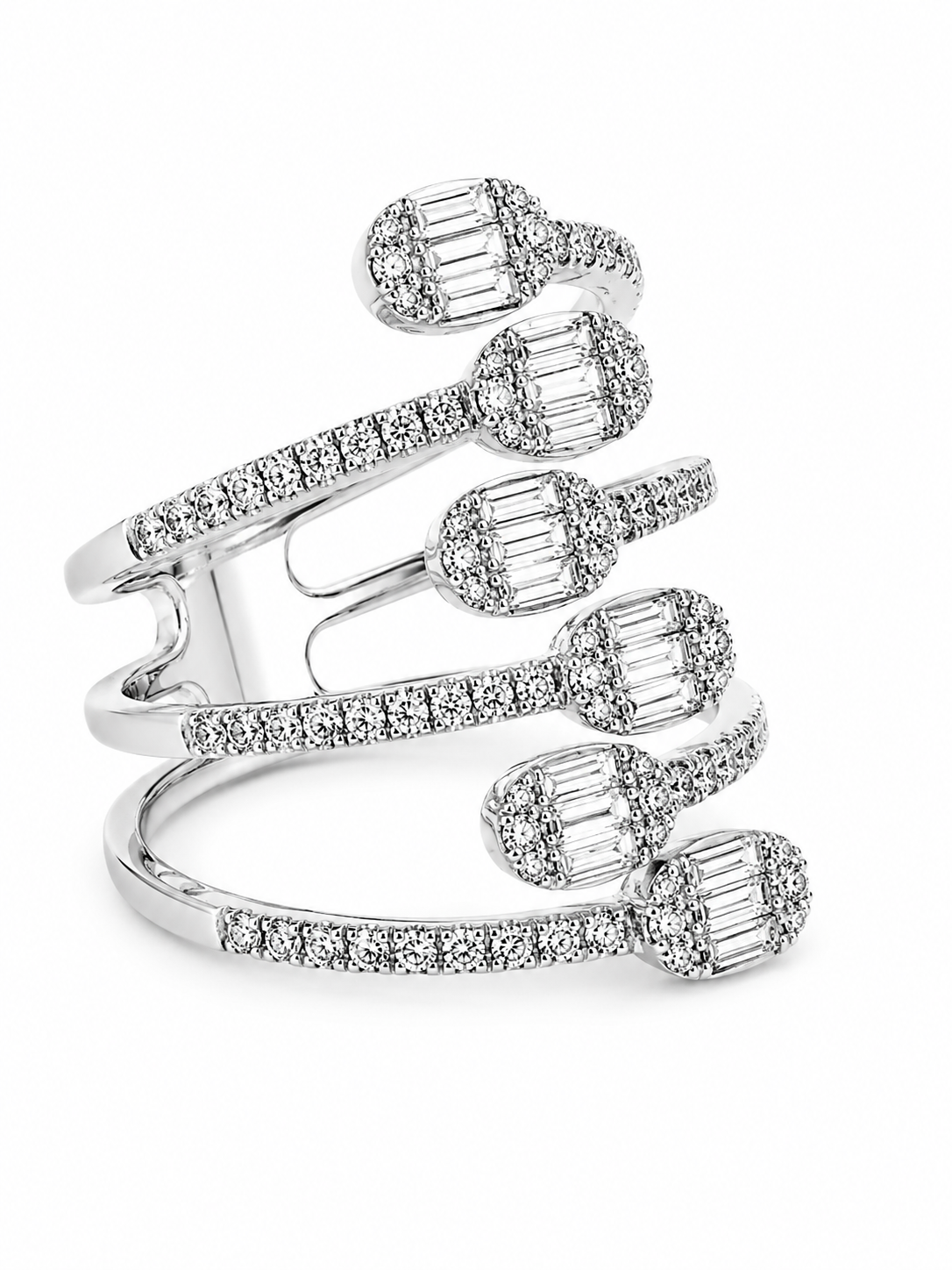 Anillo de oro blanco con 6 óvalos baguette Anillo oro blanco con óvalos de baguette y brillantes